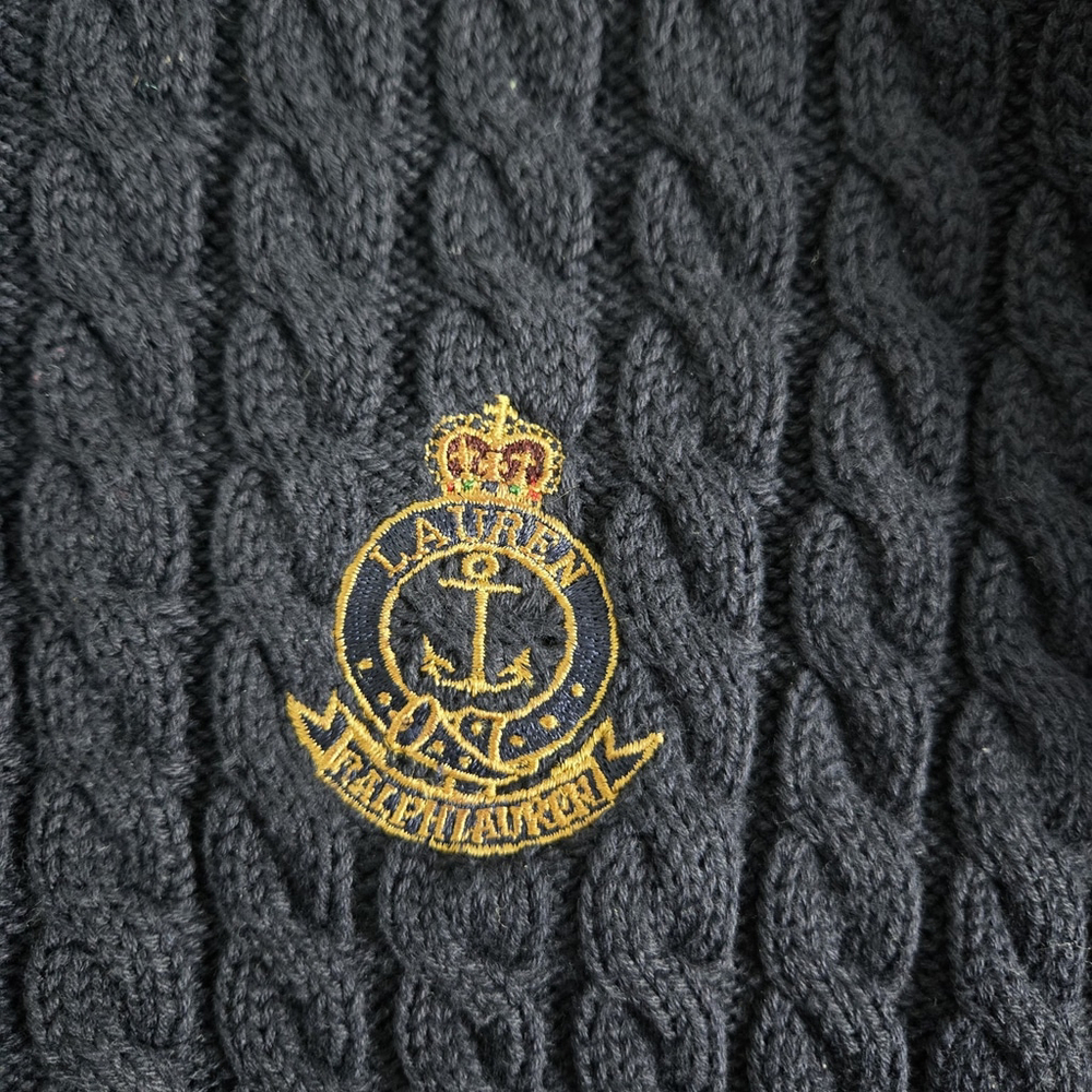 VTG Lauren Ralph Lauren Womens 90s Cable Knit Old Money Sweater Small Navy Crest - Picture 3 of 6